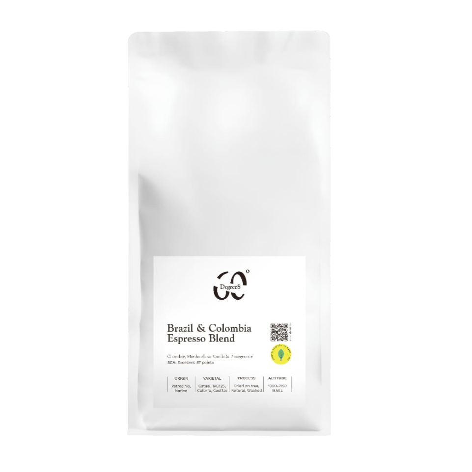 White coffee bag labeled 'Brazil & Colombia Espresso Blend' on a white background