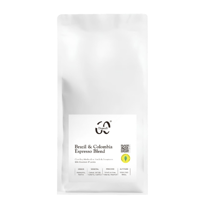 White coffee bag labeled 'Brazil & Colombia Espresso Blend' on a white background