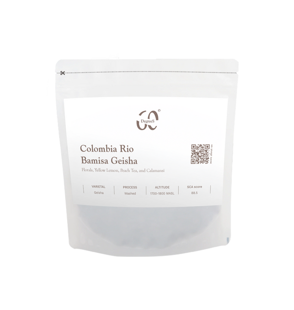 White packaging of Colombia Rio Bamisa Geisha coffee with brand logo and product details.