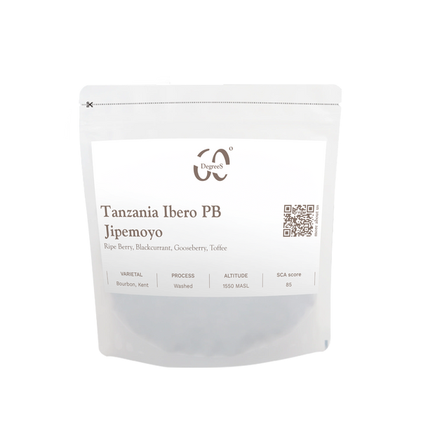 Coffee bag labeled 'Tanzania Ibero PB Jipemoyo' with DegreeS logo on a white background